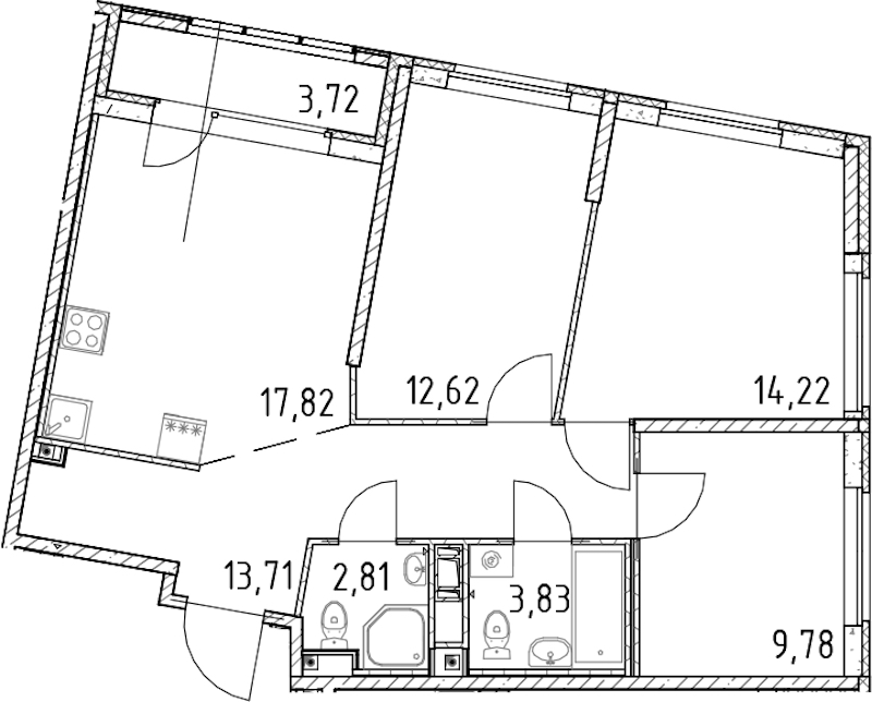 3-комнатная квартира 74.79 м², 16/17 эт., ЖК «Город Первых»